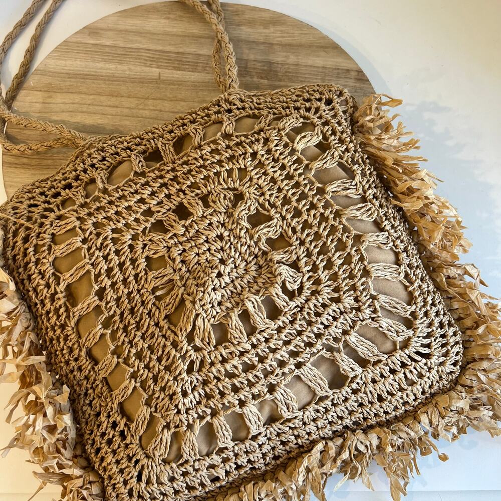 MW Tan Natural Fiber Straw Fringe Raffa Crochet Square Tote Shoulder Bag